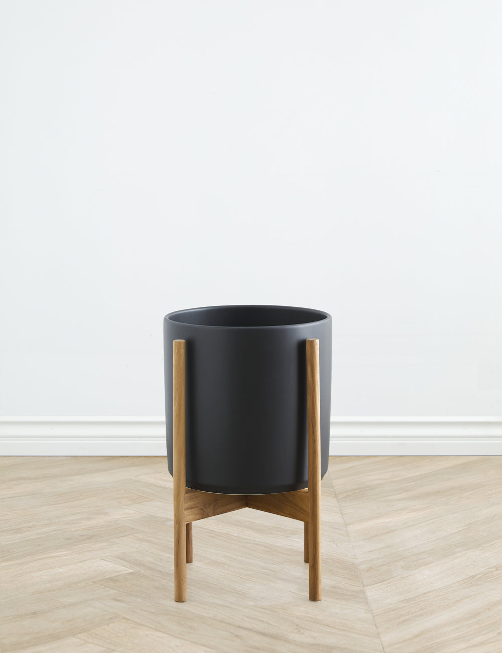 Ceramic Planter Pot + Teak Stand - Black - Image 3