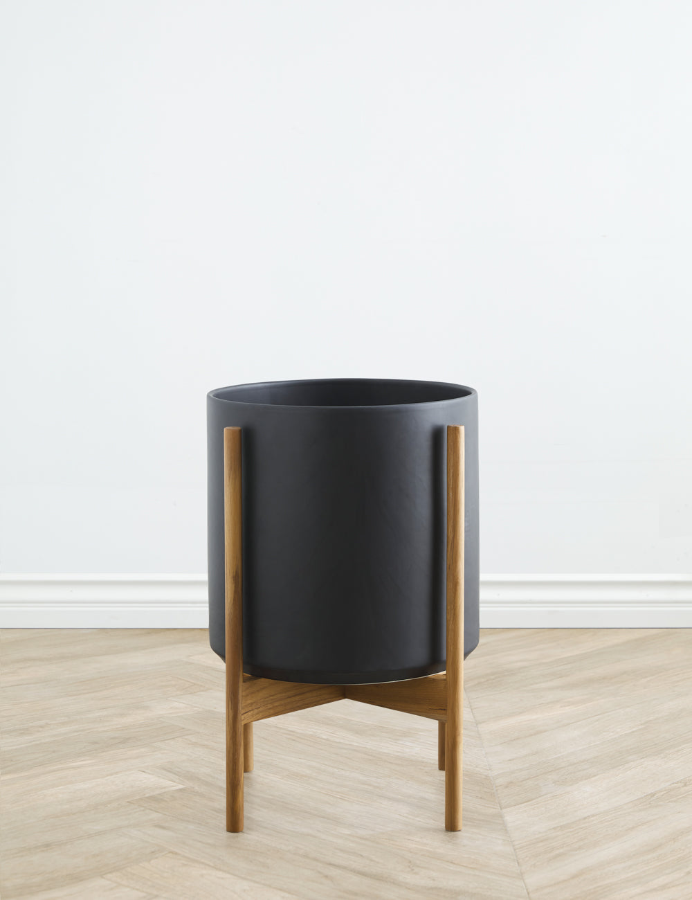 Ceramic Planter Pot + Teak Stand - Black - Image 5