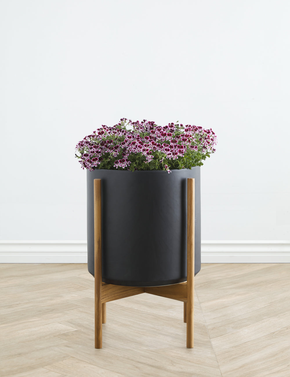 Ceramic Planter Pot + Teak Stand - Black - Image 4