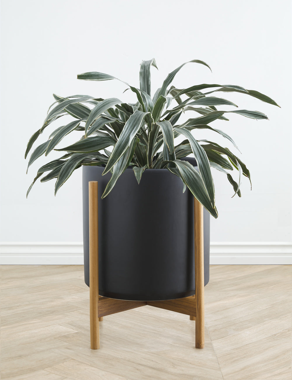 Ceramic Planter Pot + Teak Stand - Black - Image 7