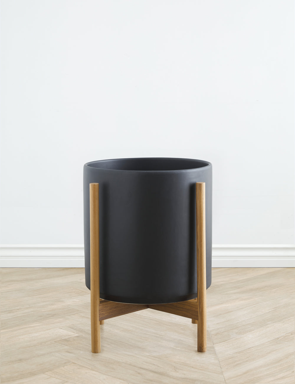 Ceramic Planter Pot + Teak Stand - Black - Image 8