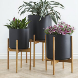 Ceramic Planter Pot + Teak Stand - Black