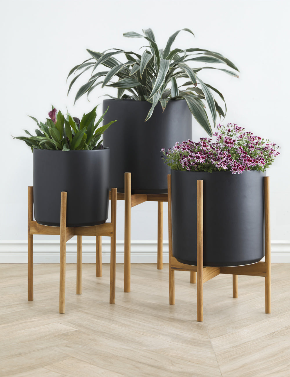 Ceramic Planter Pot + Teak Stand - Black